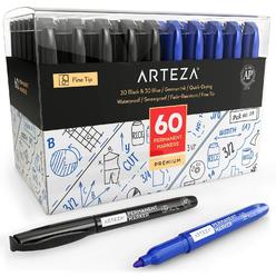 arteza permanent markers in bulk, set of 60, black & blue fine tip permanent markers, waterproof, premium smear proof pens, q