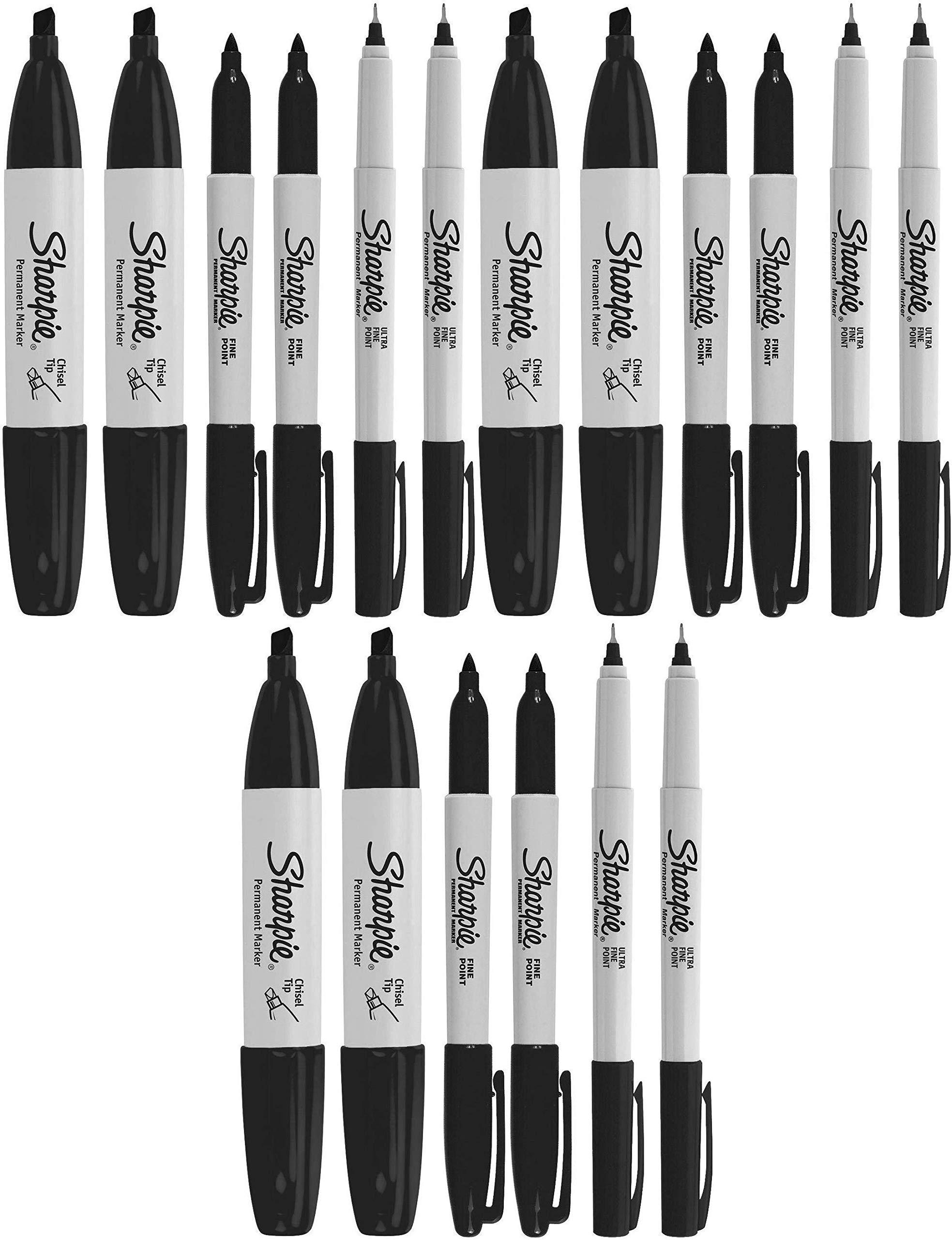sharpie permanent markers, 6 pack assorted sizes, ultra fine tip, fine tip and chisel tip permanent markers - black pack of 3