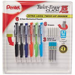pentel twist-erase click mechanical pencil set - 6 mechanical pencils, 6 extra erasers, 3 tubes of lead refills