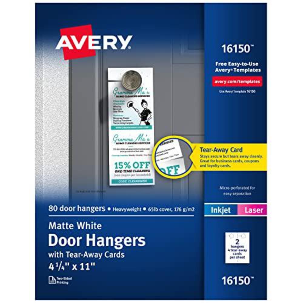 avery door hanger with tear-away cards, matte white, 4.25 x 11 inches, pack of 80 (16150)