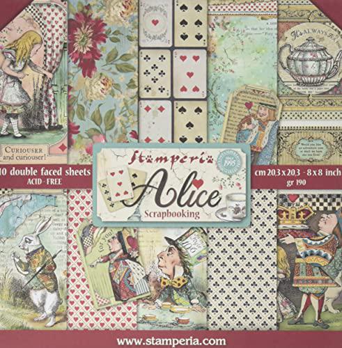 stamperia international kft small paper pad 10 sheets double sided alice, 20.3 x 20.3 (8" x 8"), multicoloured