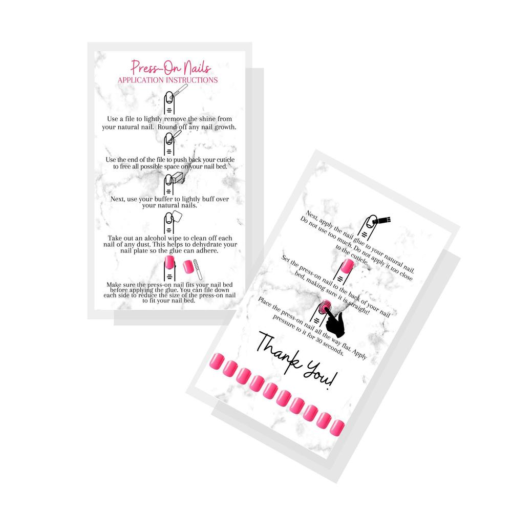 Boutique Marketing LLC press-on nail application instructions cards | 50 pack | 2x3.5" inch business card size | diy press-on nail kit | marble with