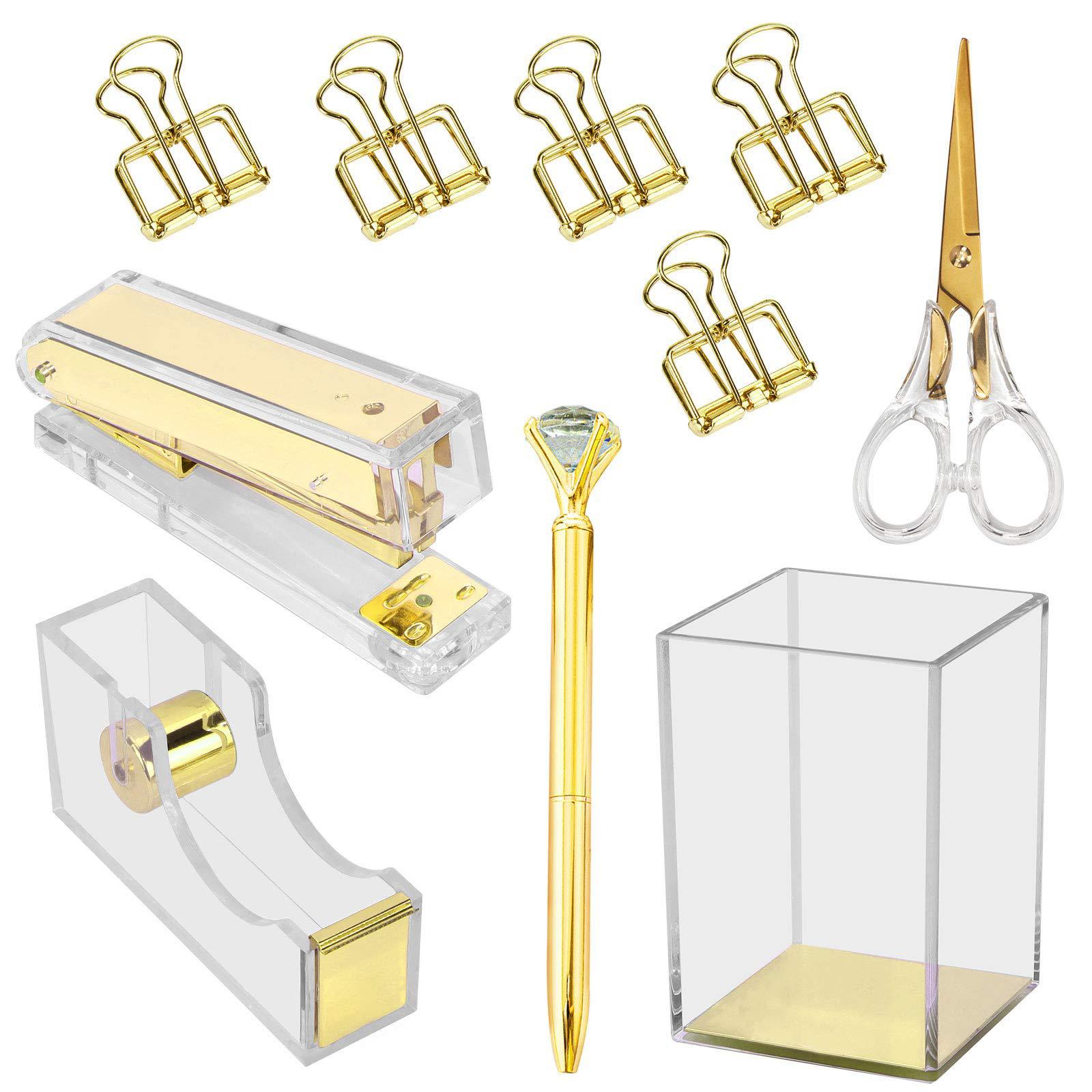 MultiBey Clear Gold Acrylic Office Desk Accessories Kit Set Stapler Tape Dispenser Scissors Pen Holder Cup Diamond Ballpoint Pen Binde