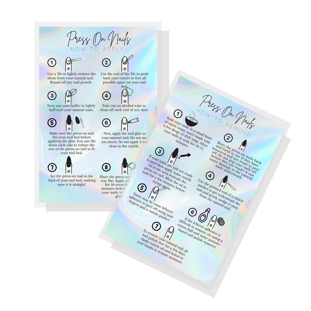 Lashicorn how to apply press on nails postcard | 30 pack | 4x6" inch postcard | press on nail kit supplies | press on nail instruction 