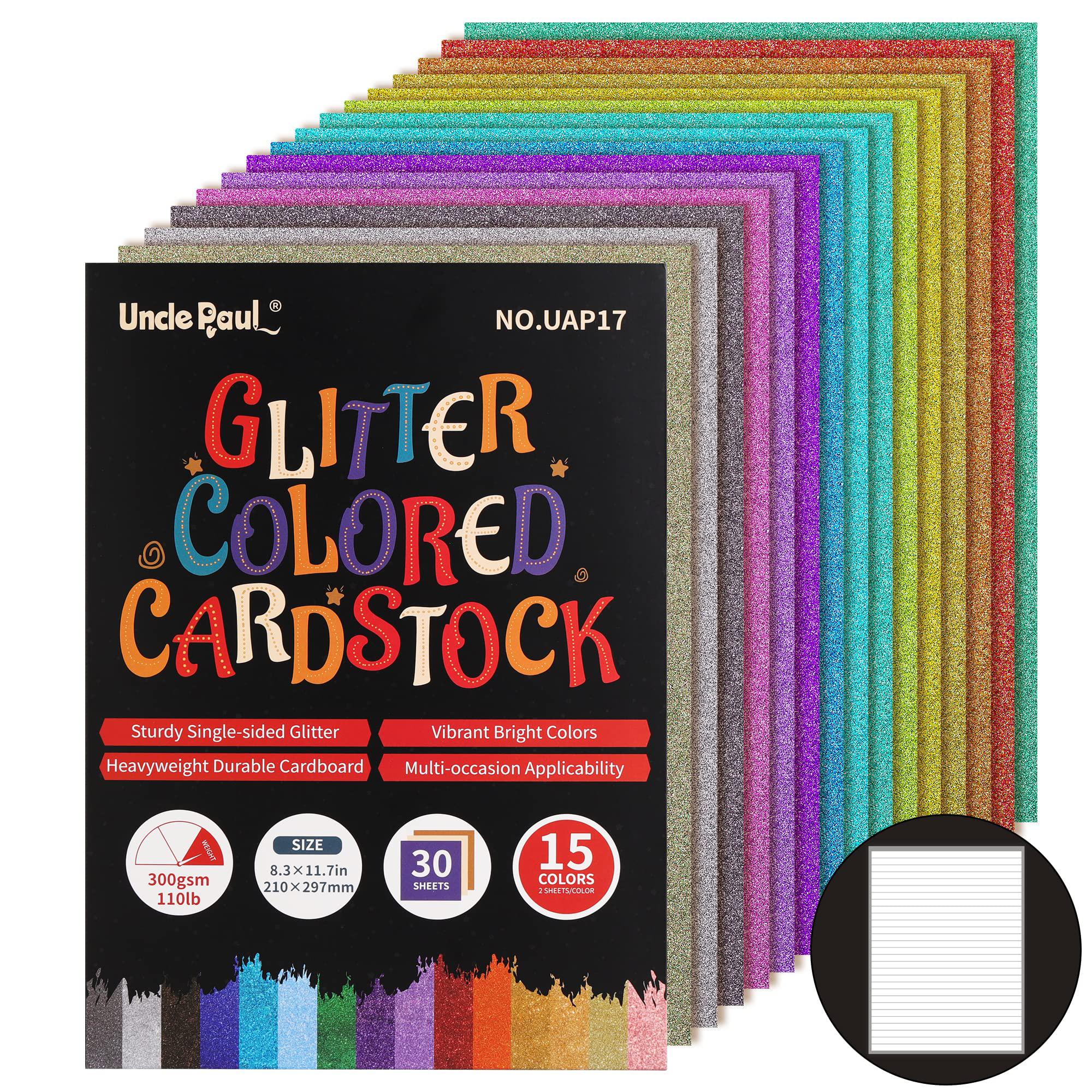 Uncle Paul glitter cardstock paper, 30 sheets 15 colors 300gsm/110ib colored cardstock premium glitter paper for crafts, a4 glitter card