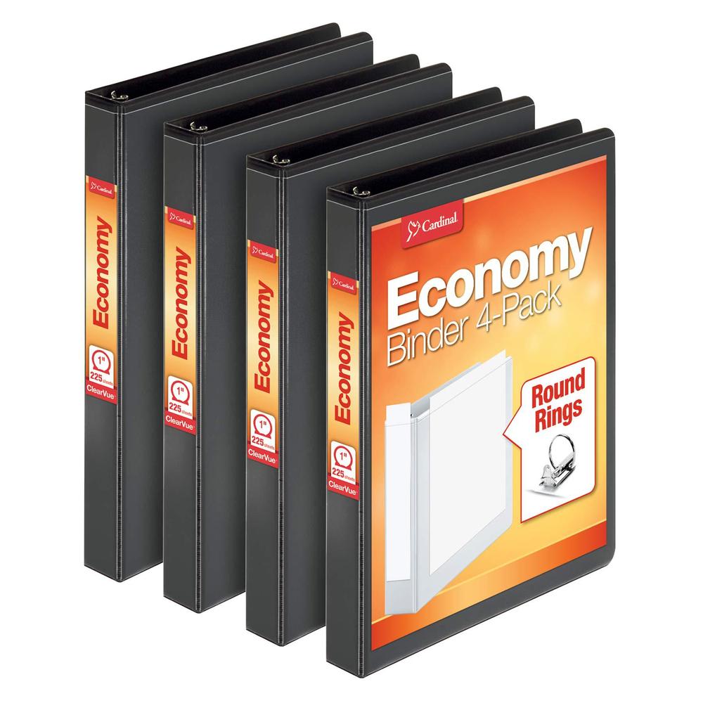 Cardinal Supplies cardinal economy 3 ring binder, 1 inch, presentation view, black, holds 225 sheets, nonstick, pvc free, 4 pack of binders (79