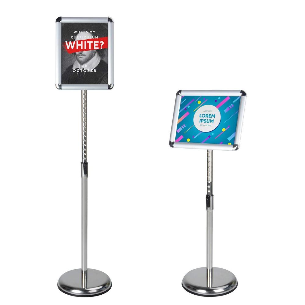 aktop adjustable poster sign stand, 8.5 x 11 inch heavy duty pedestal floor standing sign holder, silver snap-open aluminum f