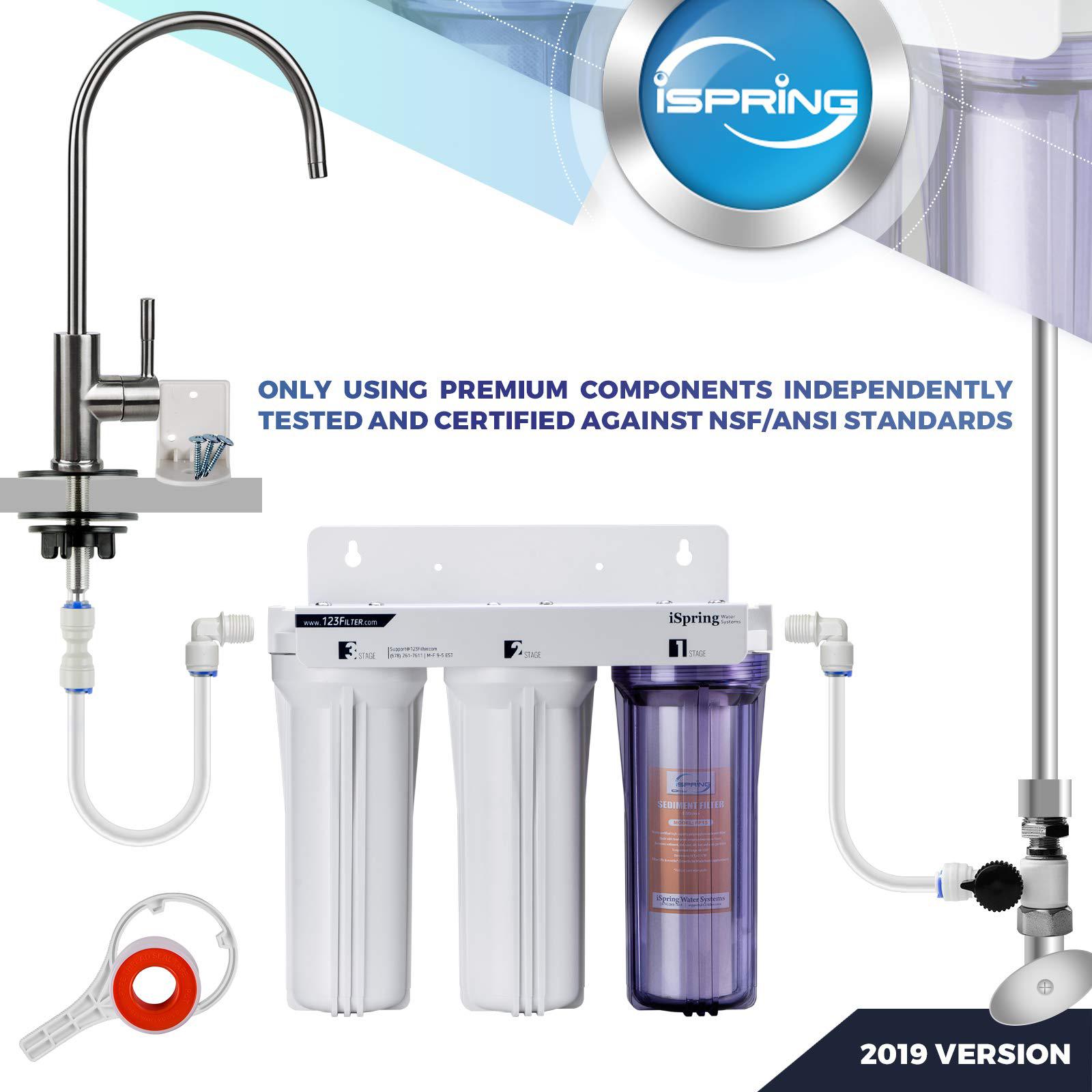 ispring us31 classic 3-stage under sink water filtration system for drinking, tankless, high capacity, sediment + carbon + ca