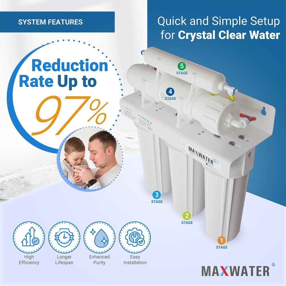 max water 5 stage 50 gpd (gallon per day) ro (reverse osmosis) standard water filtration system - under-sink/wall mount (with