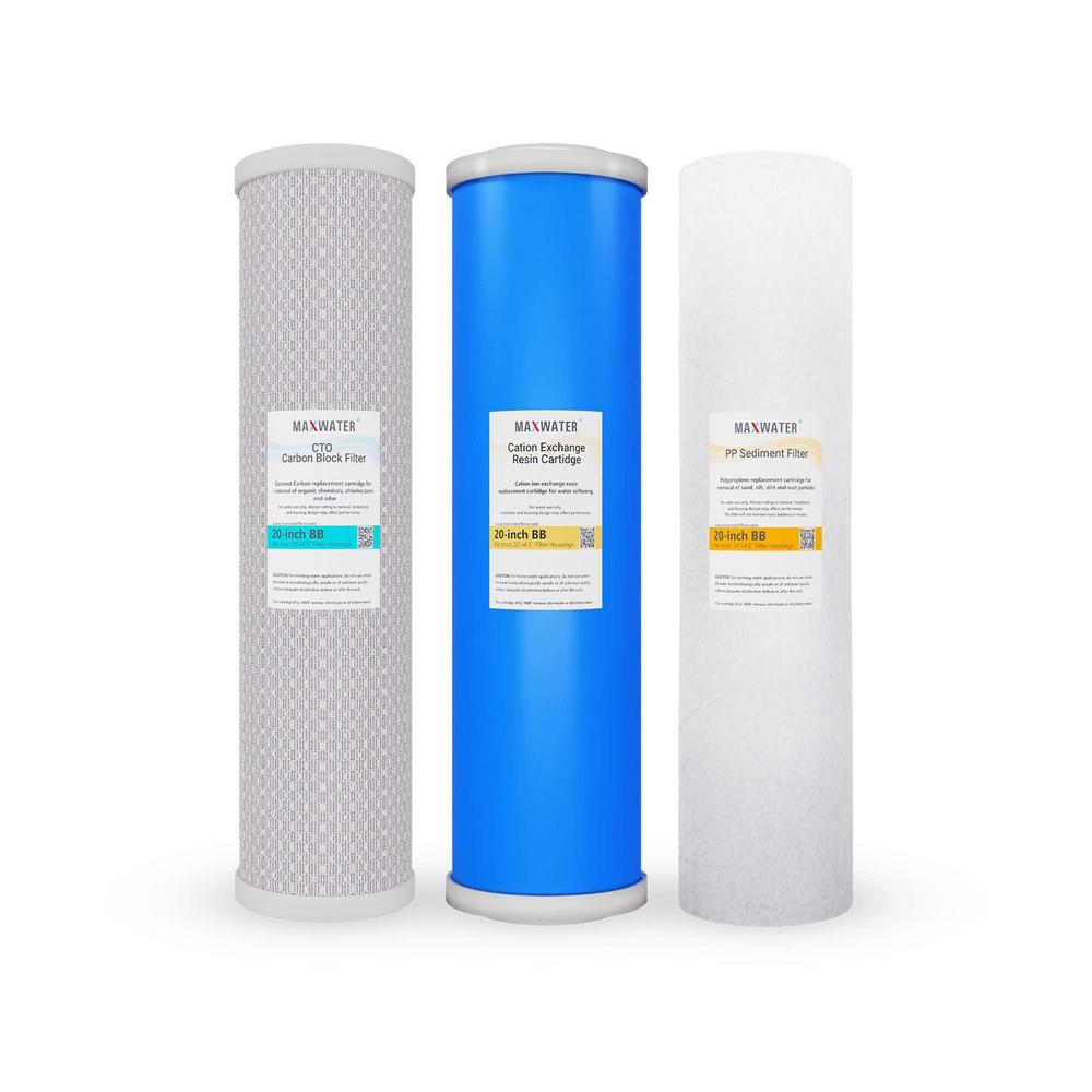 Max Water 3-pack calcium, magnesium tds hardness reduction water softening 20" x 4.5" cation resin filter w/pp sediment and cto carbon 