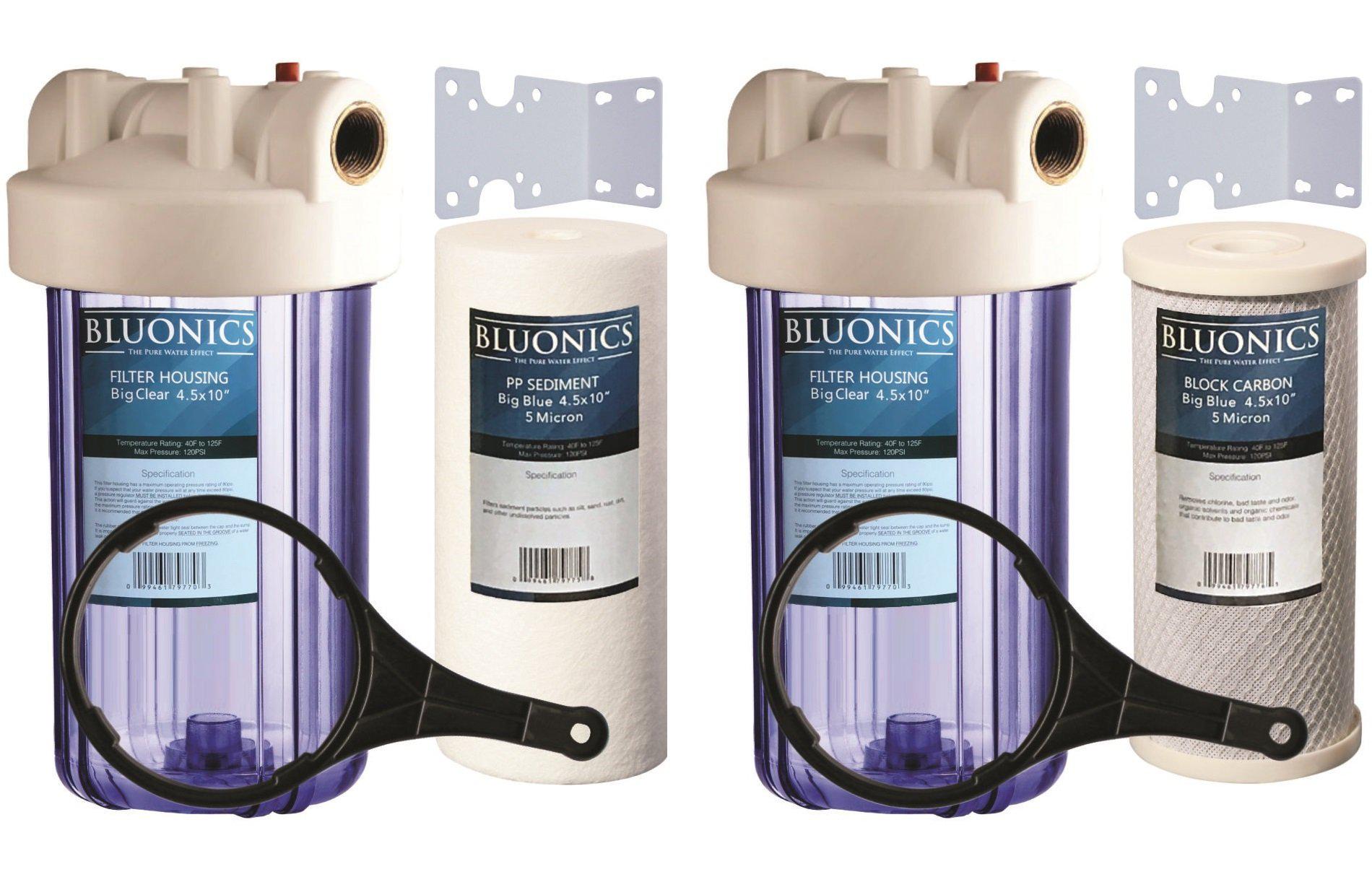 BLUONICS two 4.5 x 10" bluonics whole house water filters w/ sediment & carbon for rust, iron, sand, dirt, sediment, chlorine, insecti