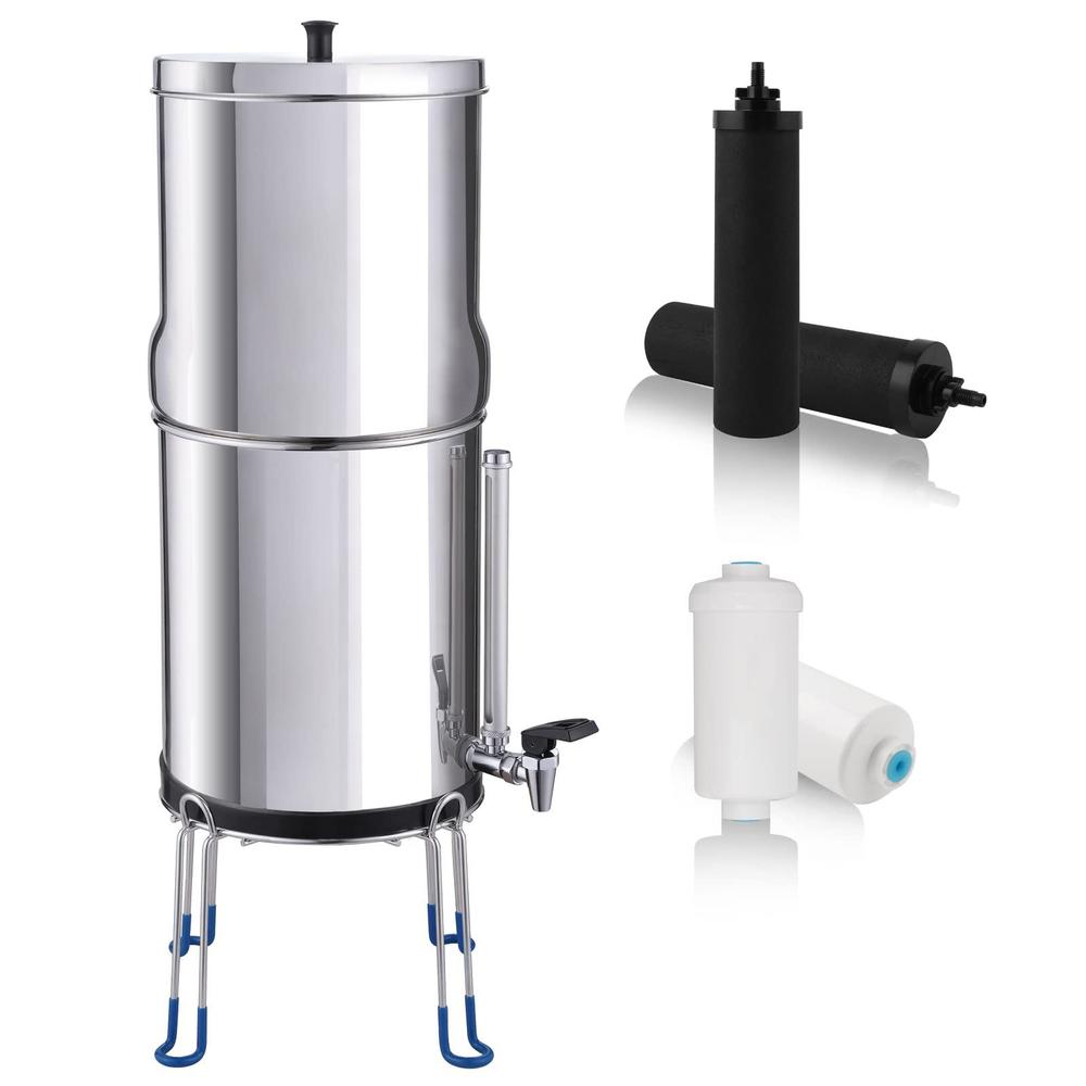 amwater gravity-fed filter system 2.25 gallon, stainless steel water purifier system with 4 filter filter,sight glass spigot 