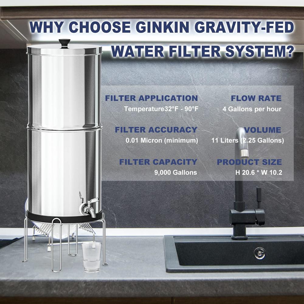 ginkin gravity-fed water filter system,with 2 purification filters for home camping travel outdoor activities emergencies,1.5