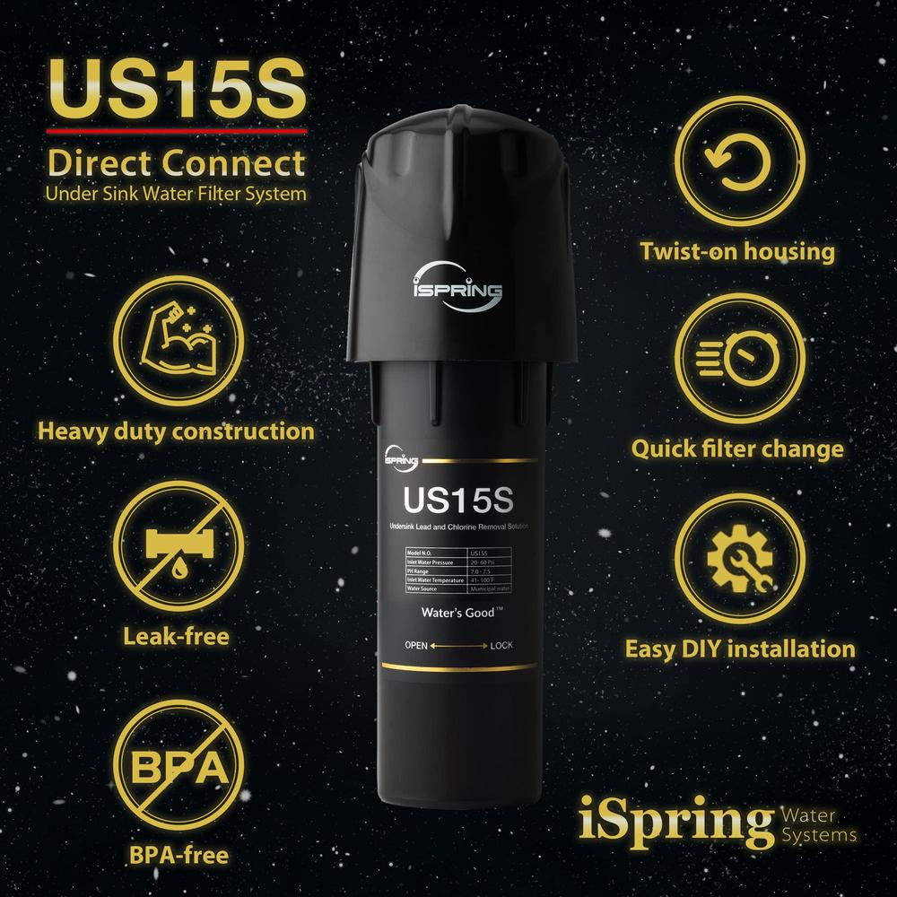 ispring us15sd direct-connect under sink water filter system, high capacity filtration, fits kitchen and bathroom faucets, re