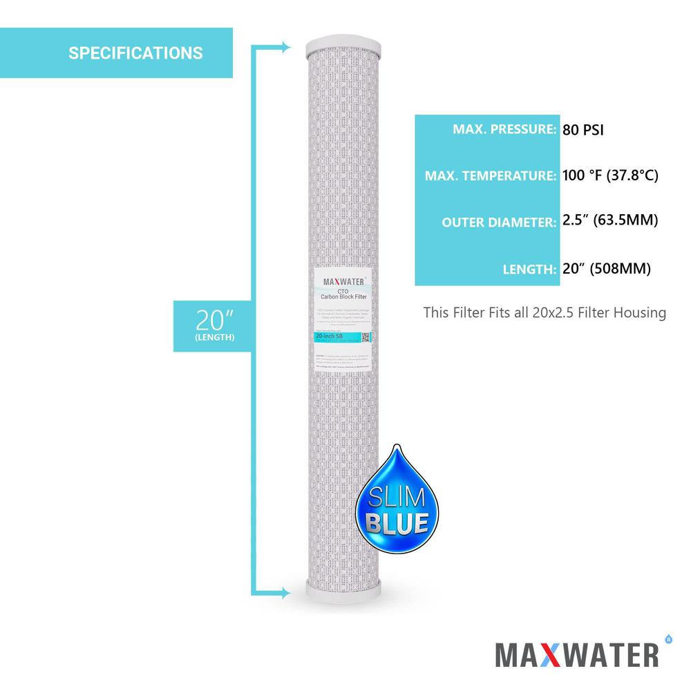 Max Water (4 pack) 20" x 2.5" carbon block water filter whole house reverse osmosis cto carbon 5 micron compatible with 20" slim blue w