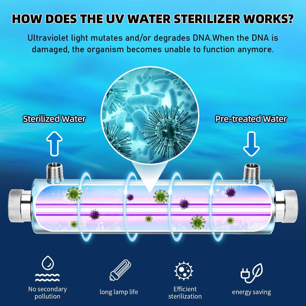 jahea ultraviolet water purifier sterilizer filter for whole house water purification,2gpm 21w 110v,1 uv lamp + 1 quartz slee