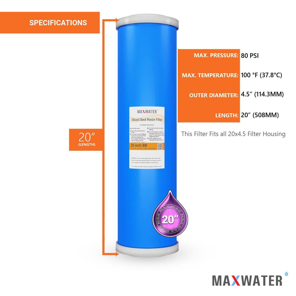 max water 20" bb whole house mixed bed de-ionization water filter size 20" x 4.5" compatible with 20" bb whole house water fi