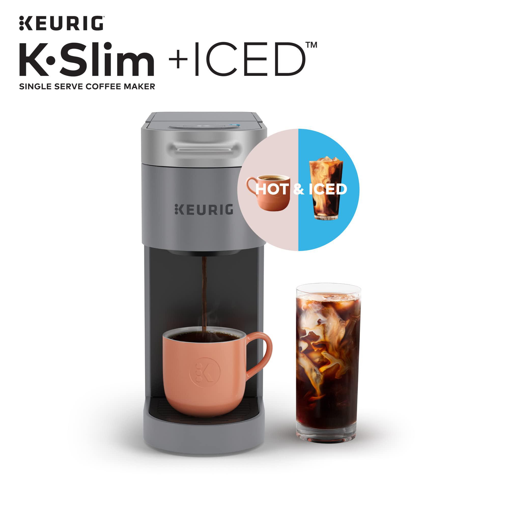 keurig k-slim + iced single serve coffee maker, brews 8 to 12oz. cups, gray