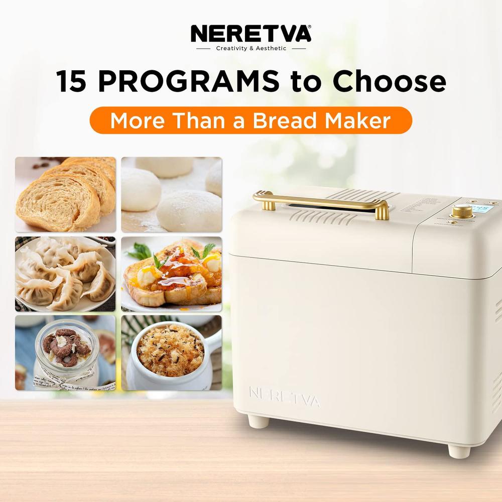 neretva bread maker machine , 15-in-1 2lb automatic breadmaker with gluten free sourdough setting, auto nut dispenser, digita