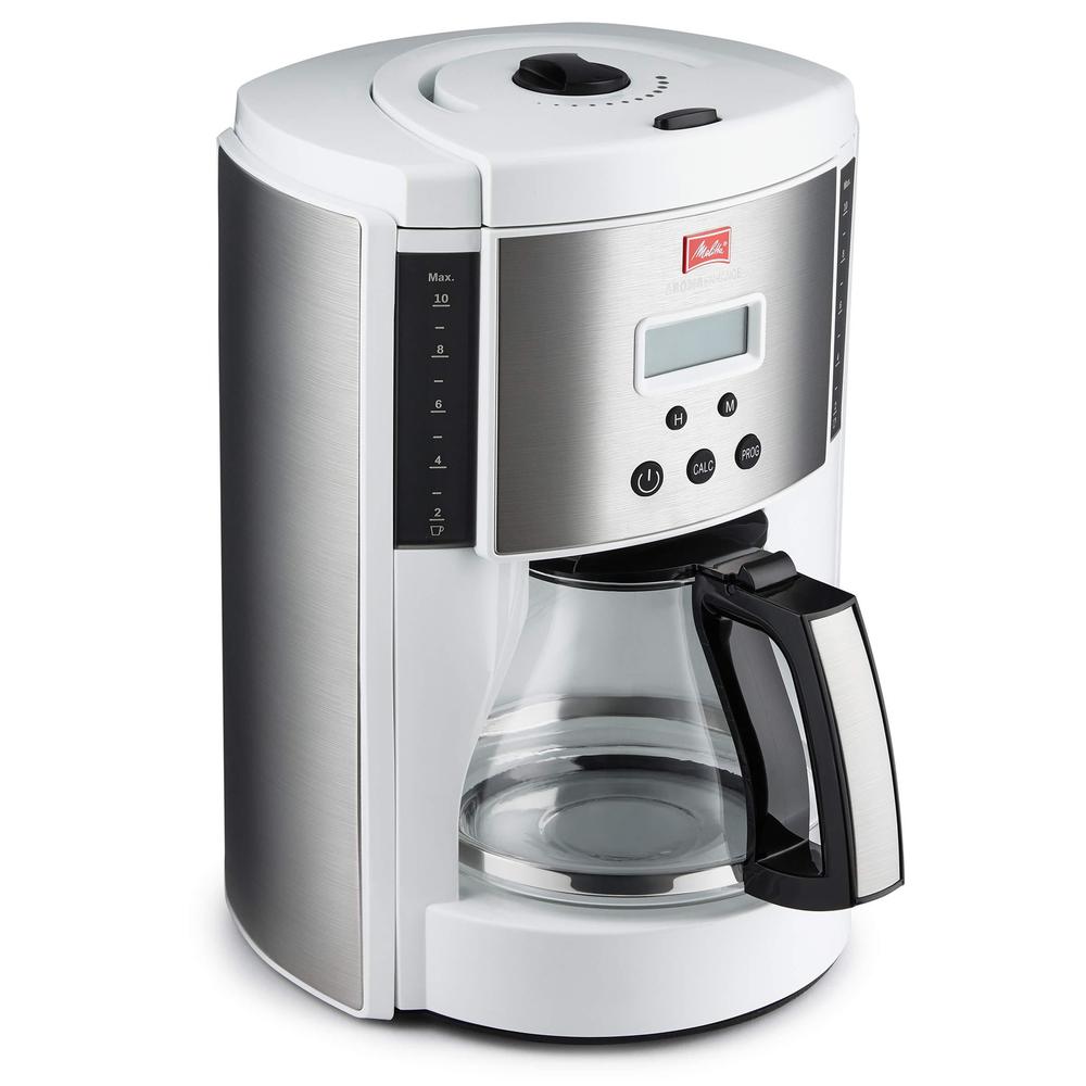 melitta aroma enhance drip coffee maker, with glass carafe, 10 cups capacity, white