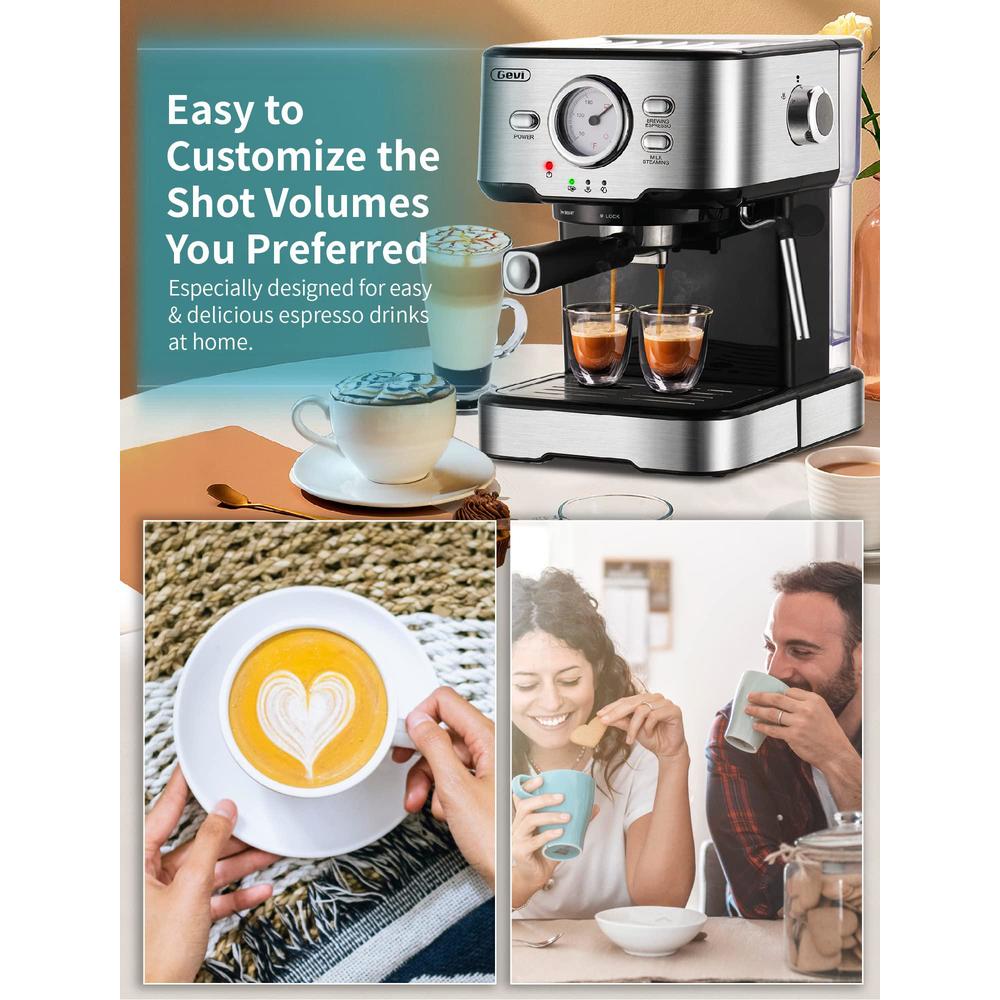 gevi espresso machine 15 bar pump pressure, cappuccino coffee maker with milk foaming steam wand for latte, mocha, cappuccino