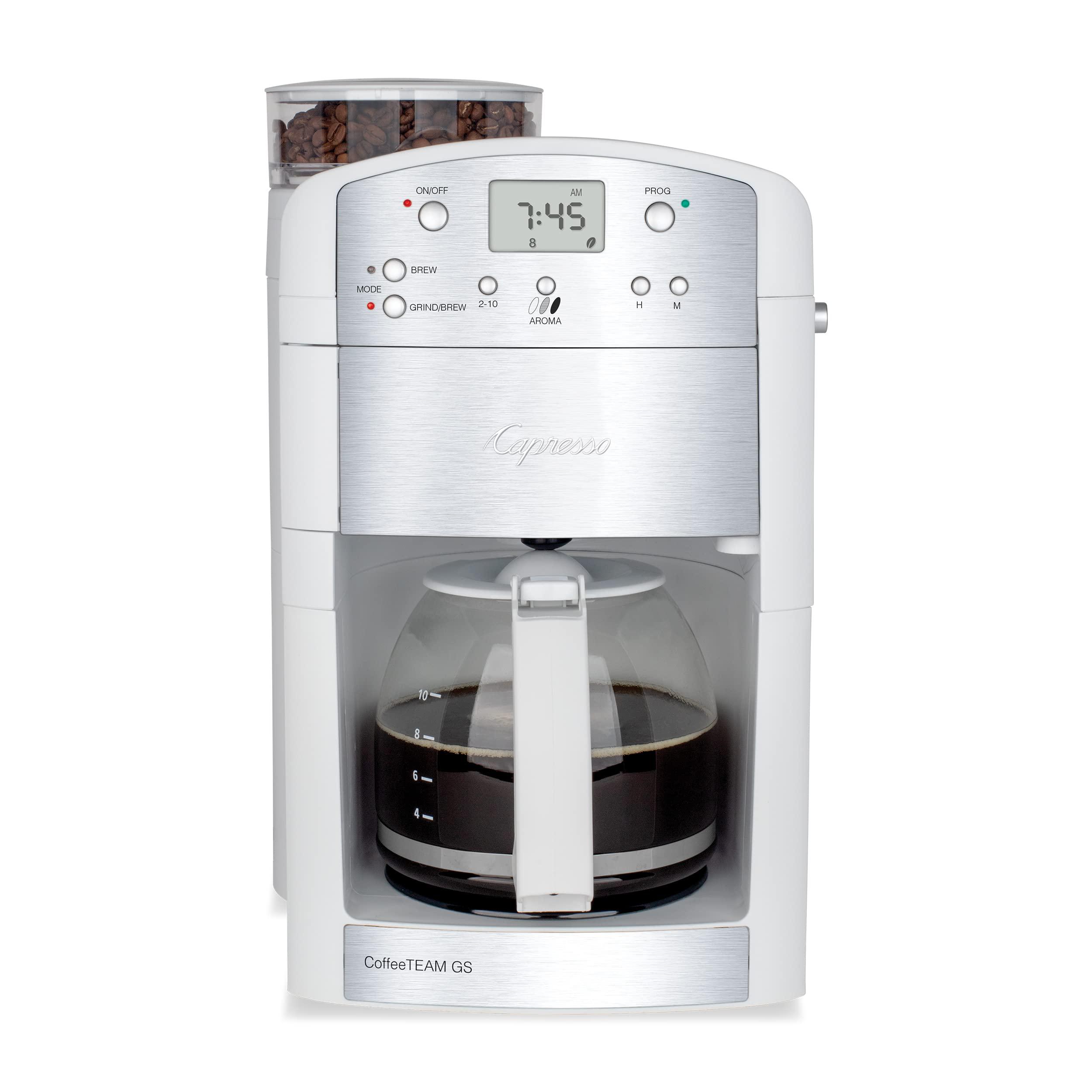 capresso coffeeteam gs 10-cup coffee maker with conical burr grinder, glass carafe 464.02 white