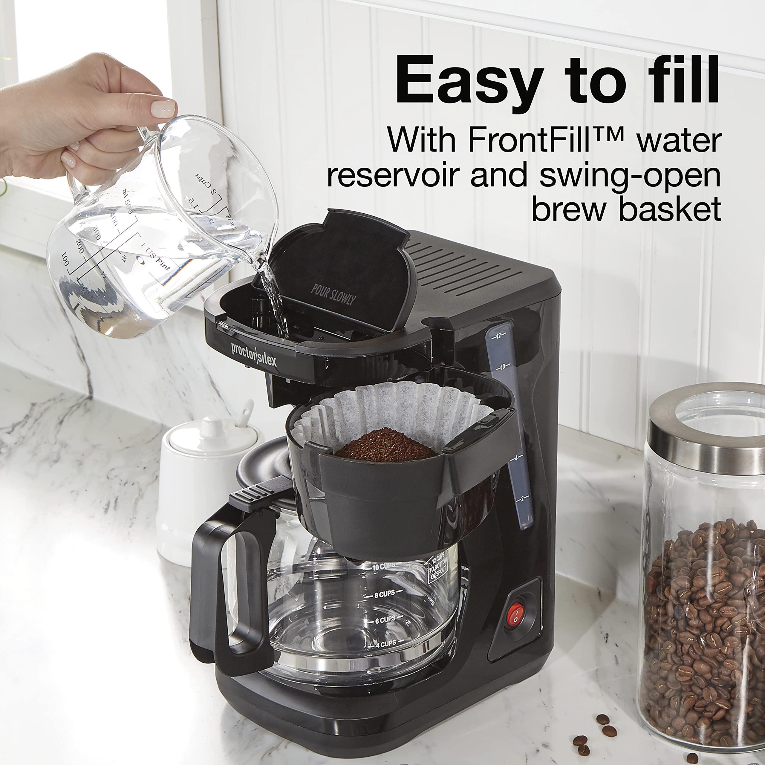proctor silex frontfill drip coffee maker, 12 cup glass carafe, black and silver (43680ps)