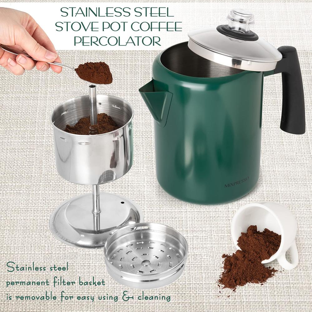 mixpresso stainless steel stovetop coffee percolator,percolator coffee pot, excellent for camping coffee pot, 5-8 cup (green)