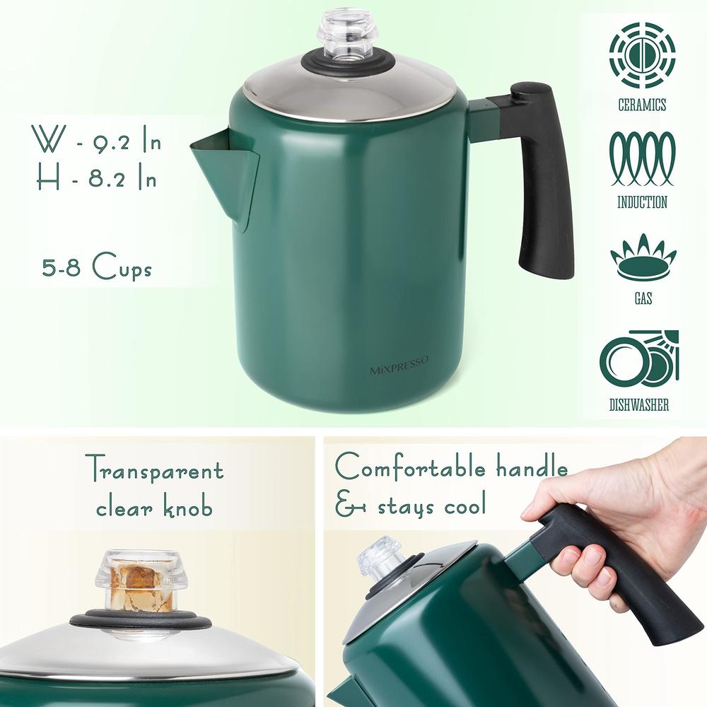 mixpresso stainless steel stovetop coffee percolator,percolator coffee pot, excellent for camping coffee pot, 5-8 cup (green)
