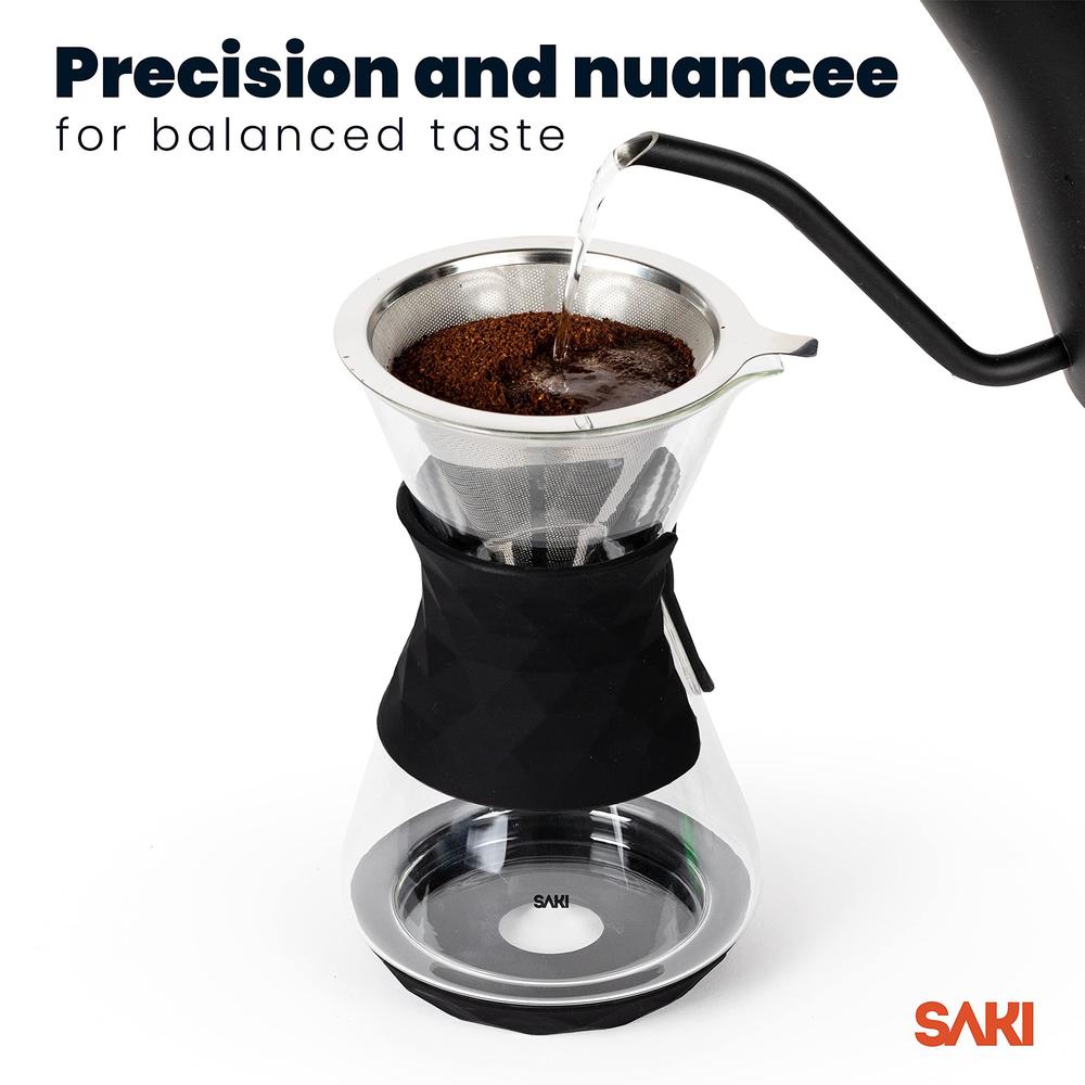 saki pour over coffee maker with double layer stainless steel filter, silicone lid, coffee dripper brewer, heat resistant bor