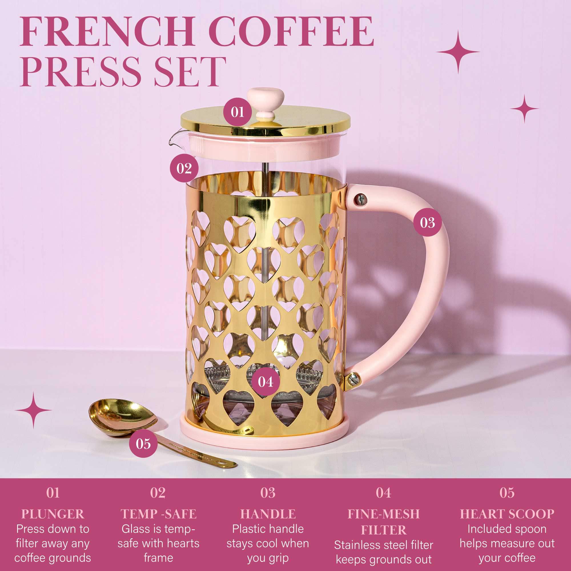 paris hilton french press coffee maker with heart shaped measuring scoop, 2-piece set, 8-cup or 34-ounce, pink