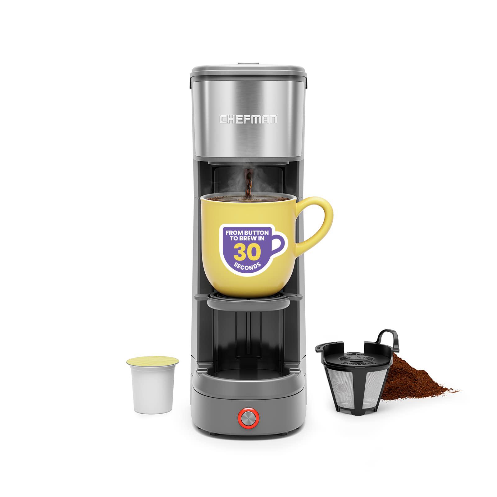 chefman instacoffee max, the easiest way to brew the boldest single-serve coffee, use fresh and flavorful grounds or k-cups w