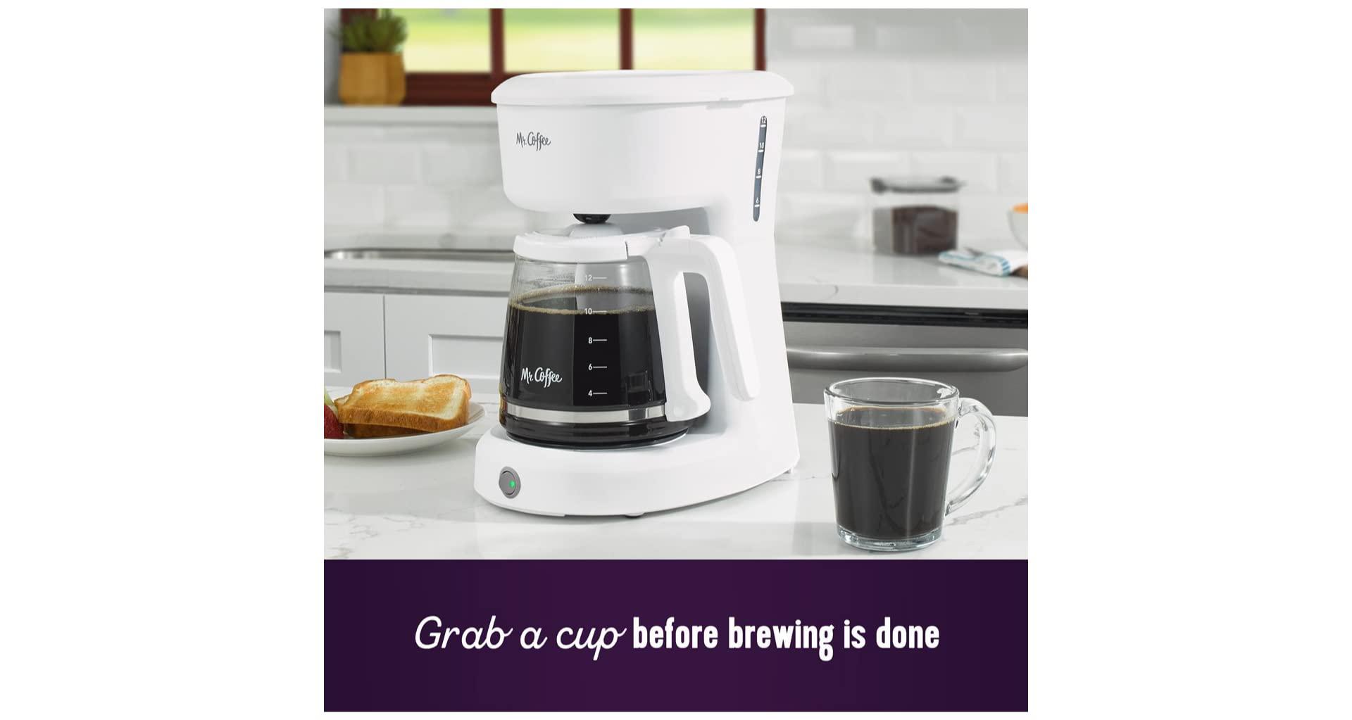 mr. coffee 12-cup coffee maker grab-a-cup auto pause easy cleanup white
