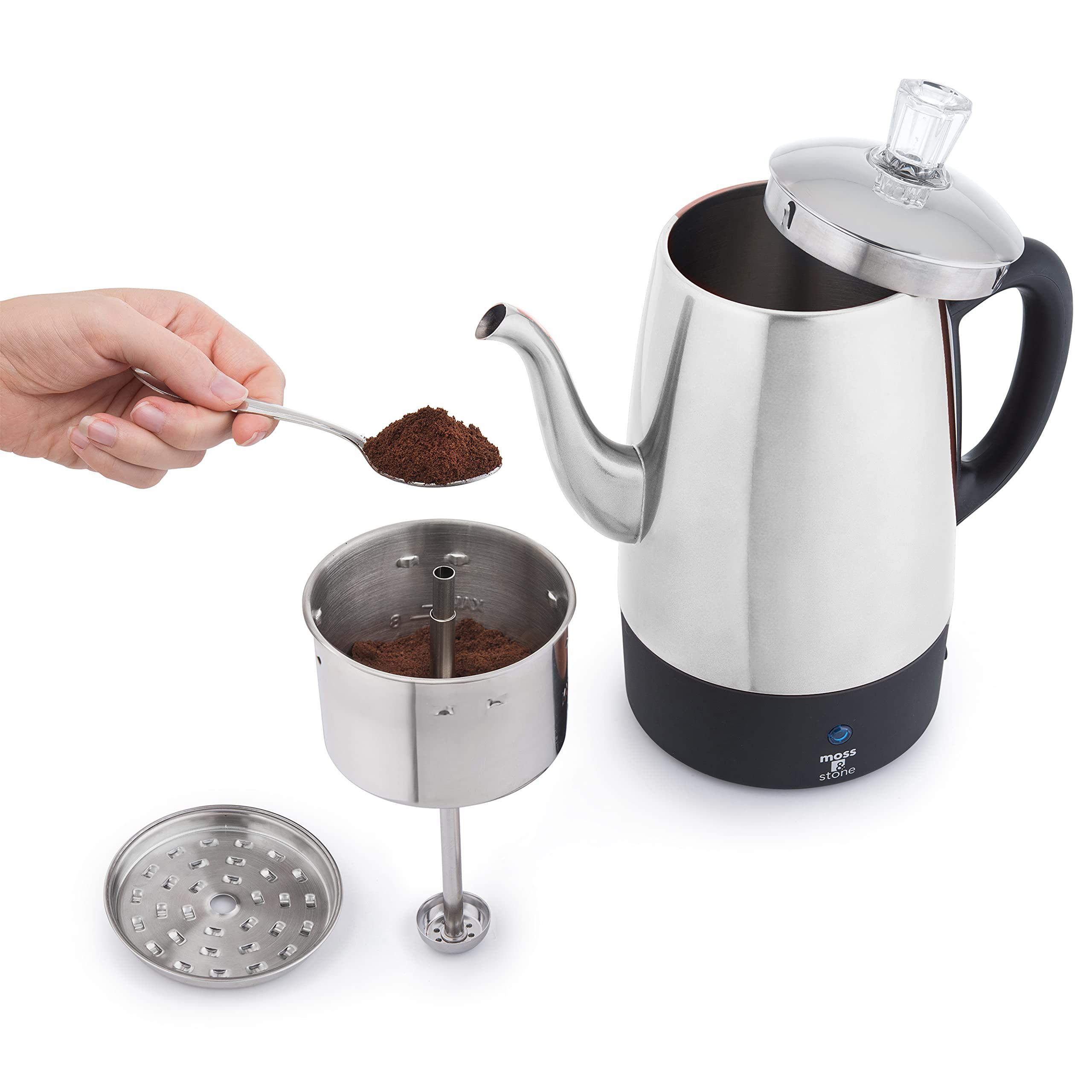moss & stone electric coffee percolator | camping coffee pot silver body with stainless steel lids coffee maker | percolator 