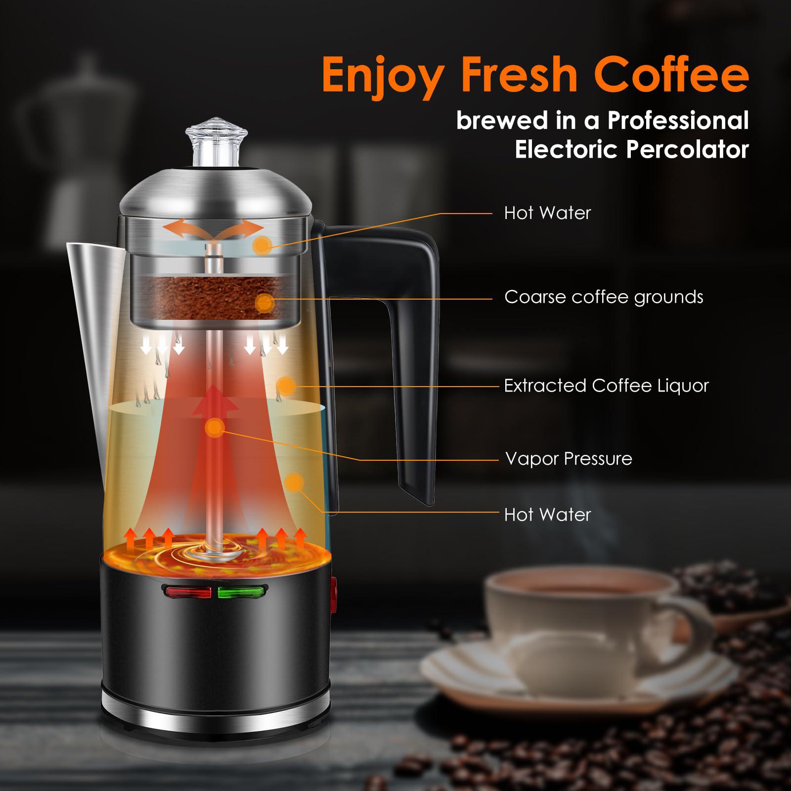 homokus electric coffee percolator 12 cups percolator coffee pot, 800w percolator coffee maker stainless steel with clear kno