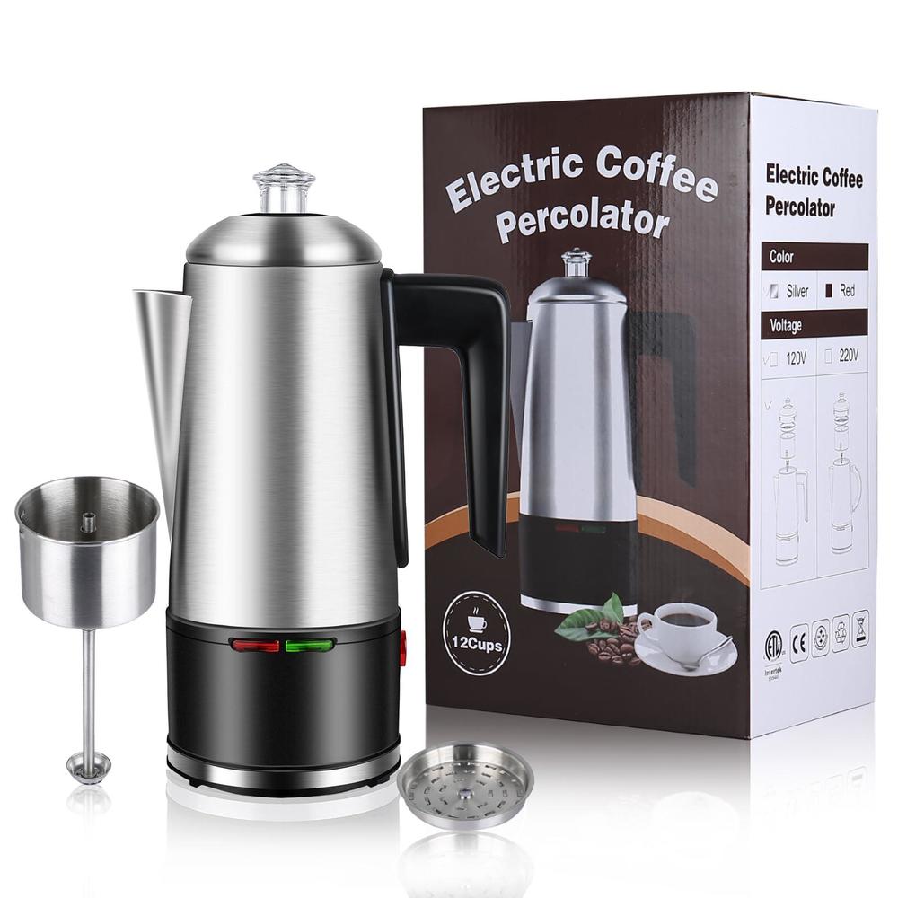 homokus electric coffee percolator 12 cups percolator coffee pot, 800w percolator coffee maker stainless steel with clear kno