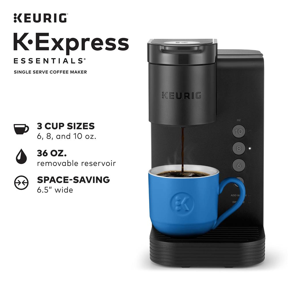 keurig k-express essentials coffee maker, single serve k-cup pod coffee brewer, black - 3 cup sizes 6, 8, & 10oz, 36 oz remov