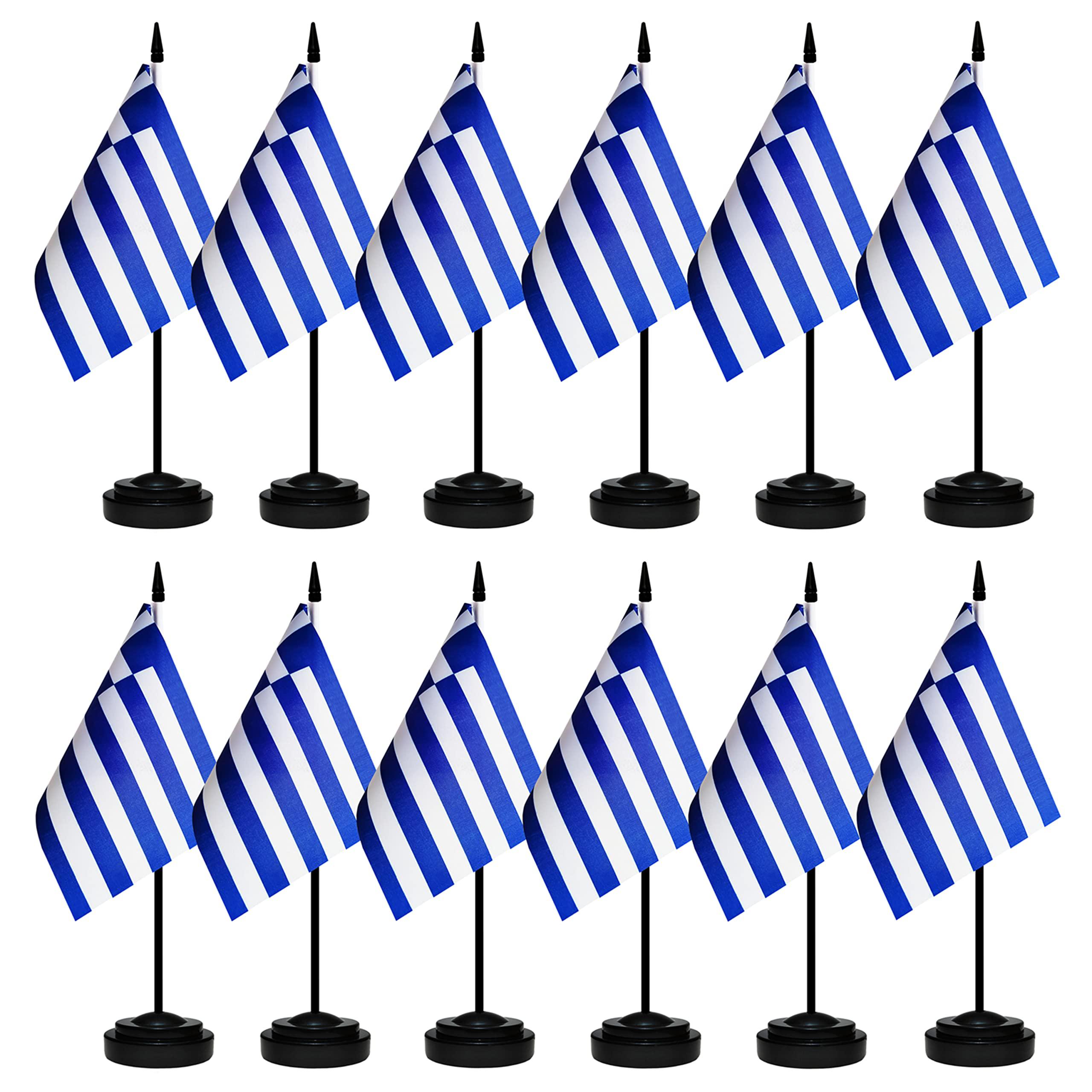 BCLin 12 pack greece desk flags set, greek small mini table office flags with 12" solid black pole, black base and spear top, minia