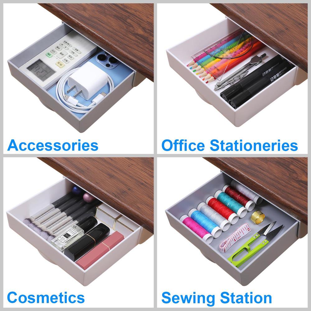 lulueasy 4 pack under desk drawer self-adhesive hidden desktop organizer, attachable desk drawer slide out, table storage tra