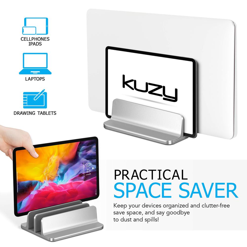 kuzy vertical laptop stand for desk, macbook vertical stand aluminum, laptop holder vertical, laptop vertical stand dual slot