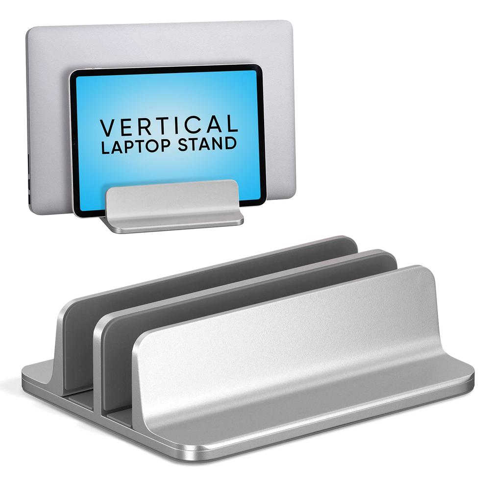 kuzy vertical laptop stand for desk, macbook vertical stand aluminum, laptop holder vertical, laptop vertical stand dual slot