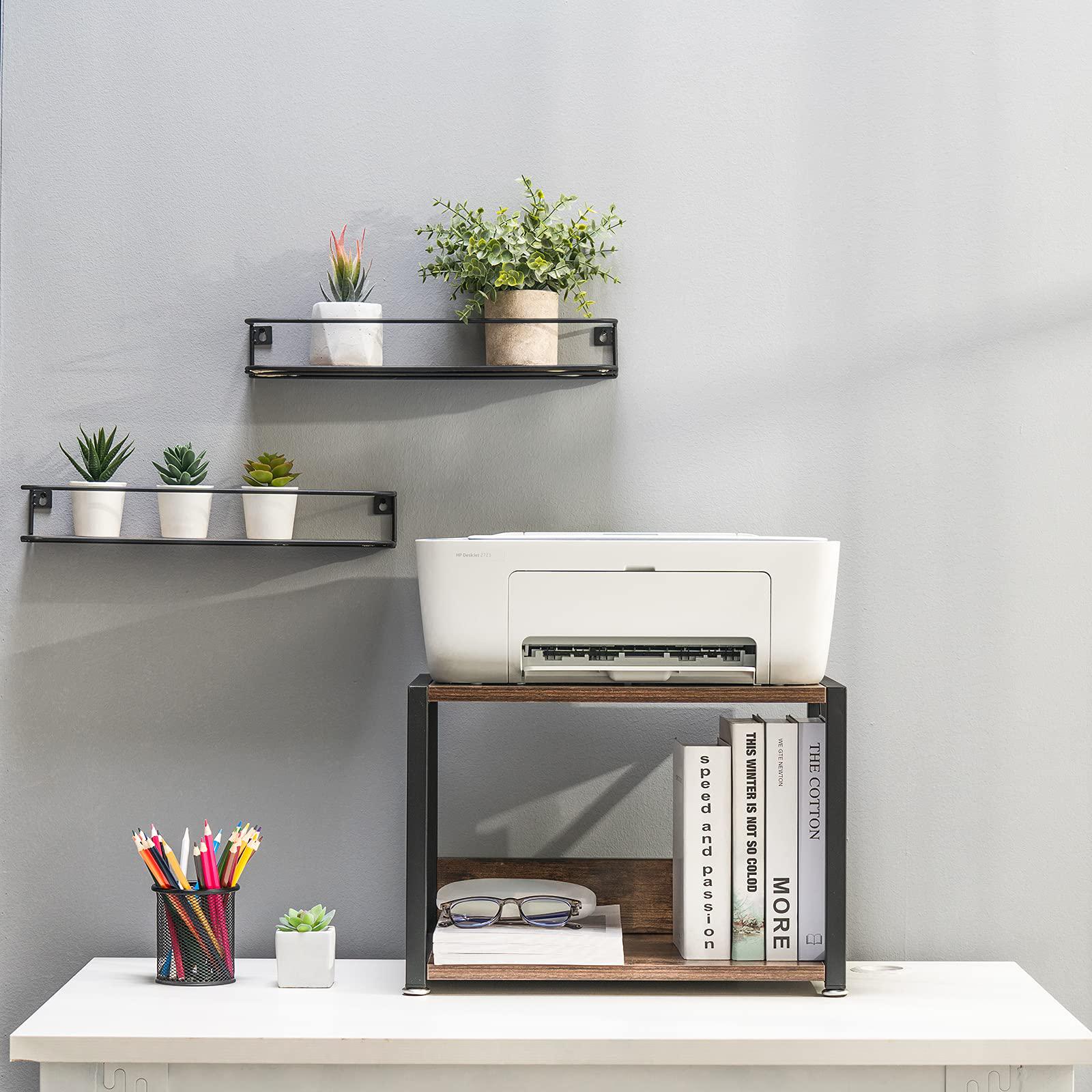 giikin desktop printer stand with 2 tier wood storage shelves, multi-purpose desk organizer for fax machine, scanner, files, 
