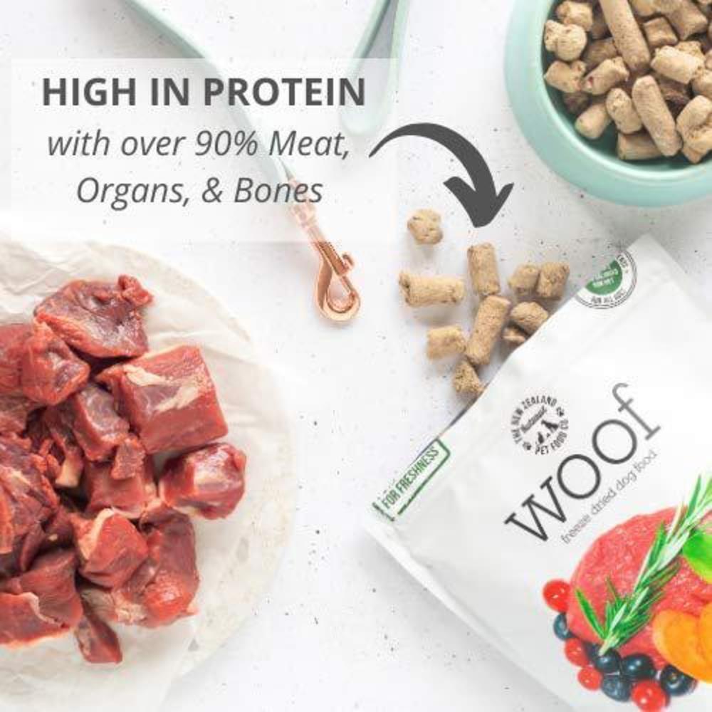 The New Zealand Natural Pet Food Co. woof chicken freeze dried raw dog food, mixer, or topper, or treat - high protein, natural, limited ingredient recipe 1.76 oz