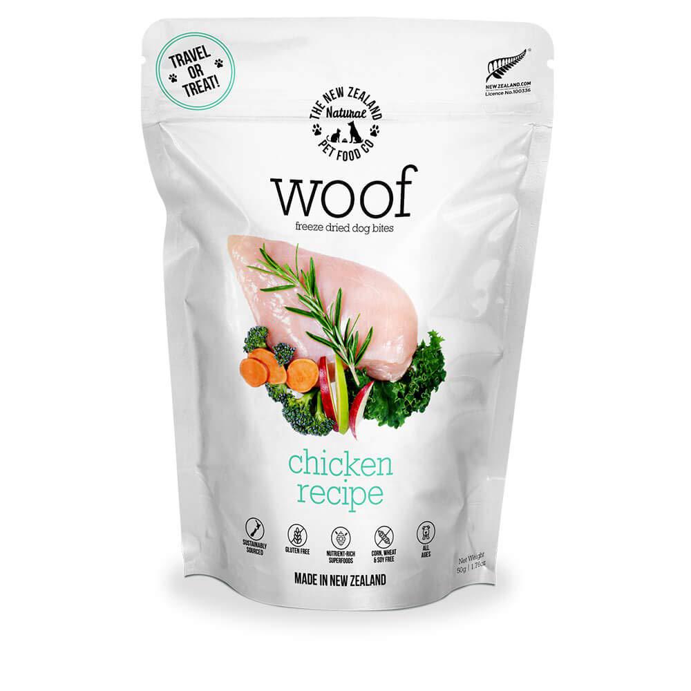 The New Zealand Natural Pet Food Co. woof chicken freeze dried raw dog food, mixer, or topper, or treat - high protein, natural, limited ingredient recipe 1.76 oz