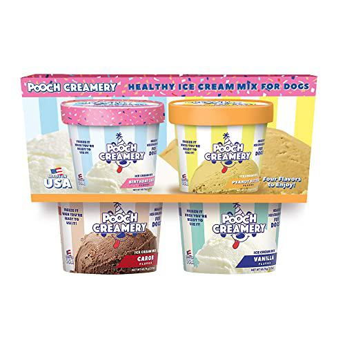 pooch creamery peanut butter, birthday cake, vanilla, carob flavor ice cream mix dog treats, 9.28 oz., pack of 4