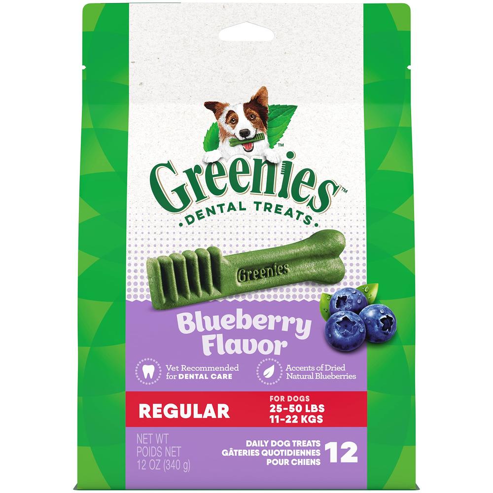greenies regular natural dog dental care chews oral health dog treats blueberry flavor, 12 oz. pack (12 treats)