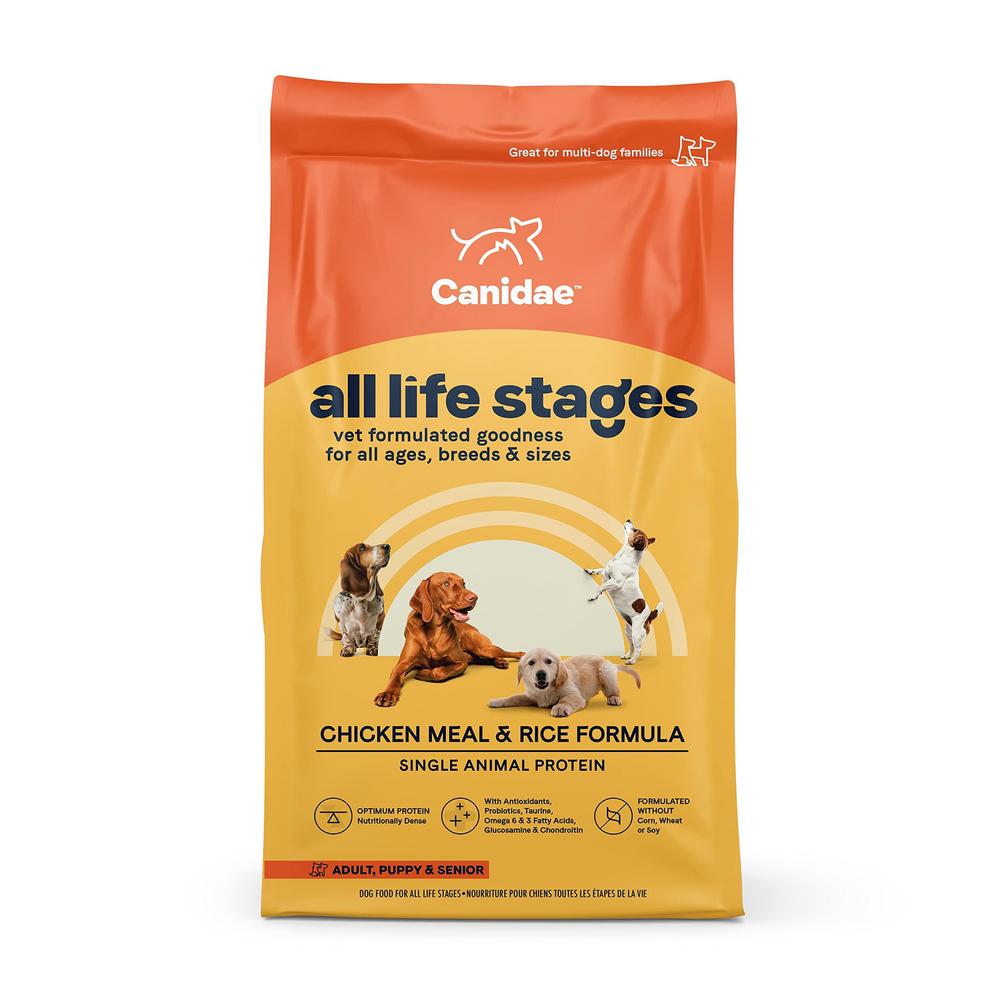 canidae all life stages premium dry dog food for all breeds, all ages, chicken meal & rice recipe, 5 lbs.