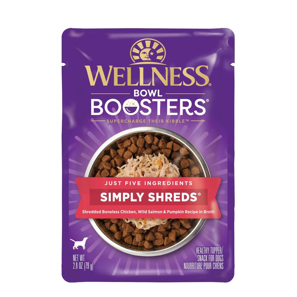 wellness bowl boosters simply shreds natural grain free wet dog food mixer or topper, wild salmon & pumpkin , 2.8-ounce pouch
