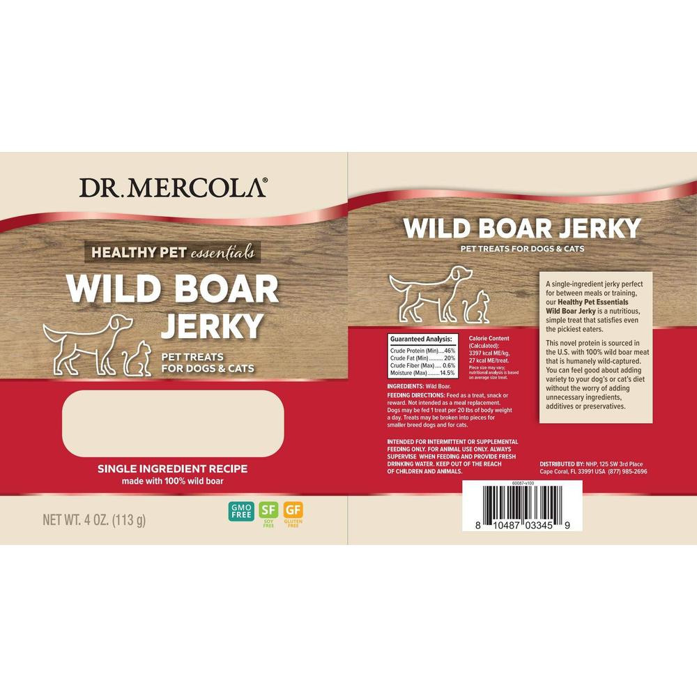 dr. mercola wild boar jerky for dogs and cats, 4 oz. (113g), made with wild boar, non gmo, gluten free, soy free