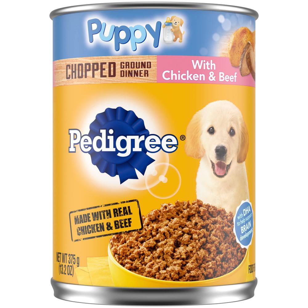 pedigree chopped ground dinner puppy canned soft wet dog food with chicken & beef, 13.2 oz. cans (pack of 12)